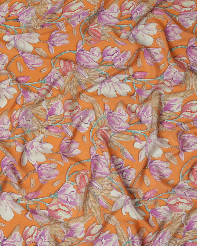 Orange Floral Printed Premium Pure Silk Crepe Fabric Large Blossom Vine Design Soft Lightweight Dress Material 110 Cms Width India-D28011