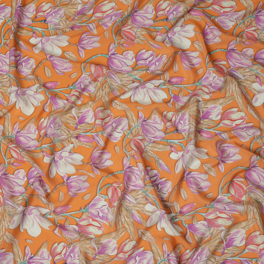 Orange Floral Printed Premium Pure Silk Crepe Fabric Large Blossom Vine Design Soft Lightweight Dress Material 110 Cms Width India-D28011