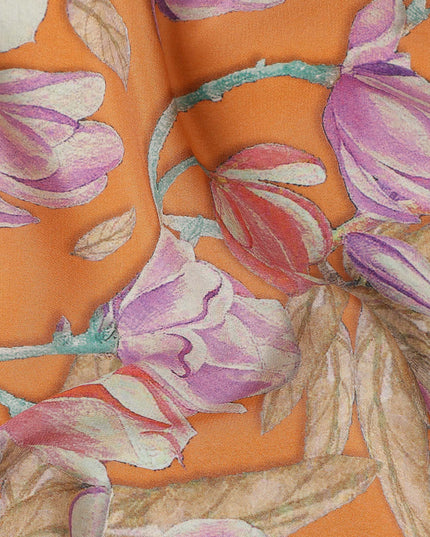 Orange Floral Printed Premium Pure Silk Crepe Fabric Large Blossom Vine Design Soft Lightweight Dress Material 110 Cms Width India-D28011