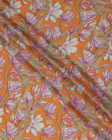 Orange Floral Printed Premium Pure Silk Crepe Fabric Large Blossom Vine Design Soft Lightweight Dress Material 110 Cms Width India-D28011
