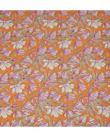 Orange Floral Printed Premium Pure Silk Crepe Fabric Large Blossom Vine Design Soft Lightweight Dress Material 110 Cms Width India-D28011