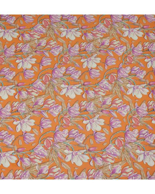 Orange Floral Printed Premium Pure Silk Crepe Fabric Large Blossom Vine Design Soft Lightweight Dress Material 110 Cms Width India-D28011