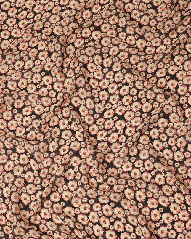 Black Floral Printed Premium Pure Silk Crepe Fabric Beige Blossom Garden Design Soft Lightweight Dress Material 110 Cms Width India-D28003