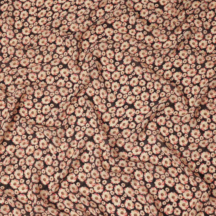 Black Floral Printed Premium Pure Silk Crepe Fabric Beige Blossom Garden Design Soft Lightweight Dress Material 110 Cms Width India-D28003