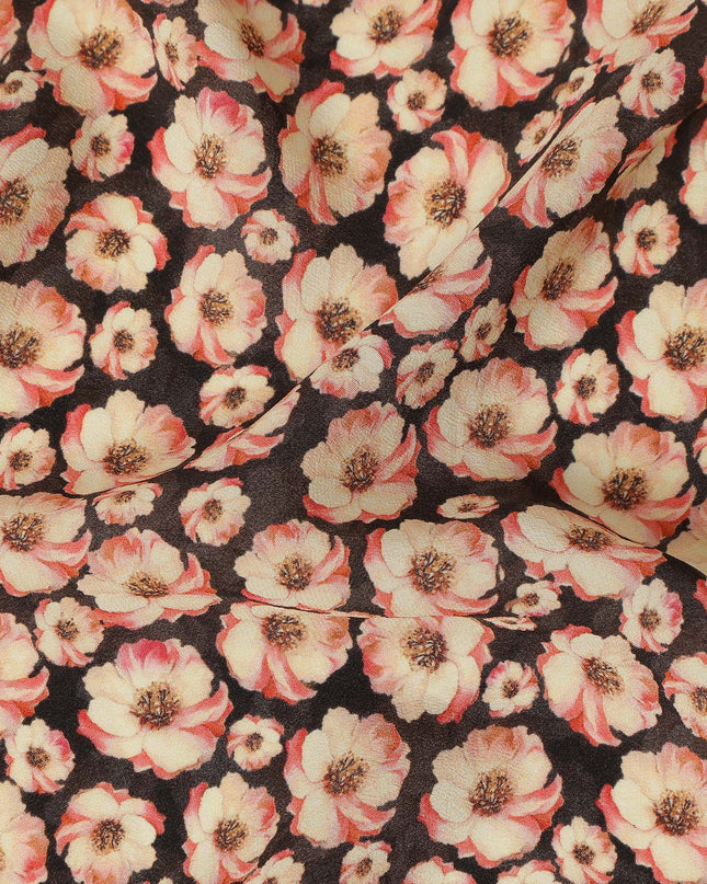 Black Floral Printed Premium Pure Silk Crepe Fabric Beige Blossom Garden Design Soft Lightweight Dress Material 110 Cms Width India-D28003