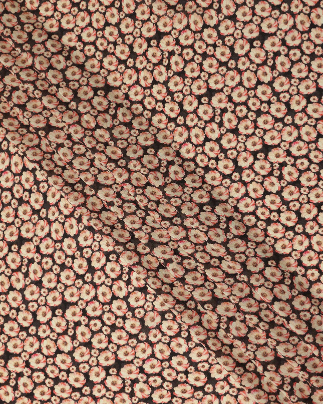 Black Floral Printed Premium Pure Silk Crepe Fabric Beige Blossom Garden Design Soft Lightweight Dress Material 110 Cms Width India-D28003