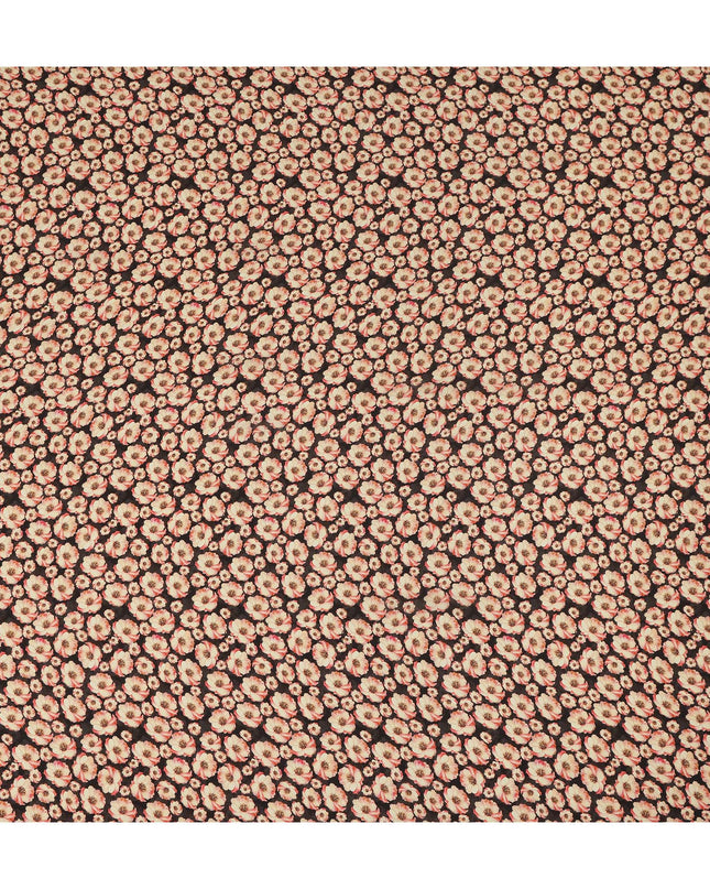 Black Floral Printed Premium Pure Silk Crepe Fabric Beige Blossom Garden Design Soft Lightweight Dress Material 110 Cms Width India-D28003