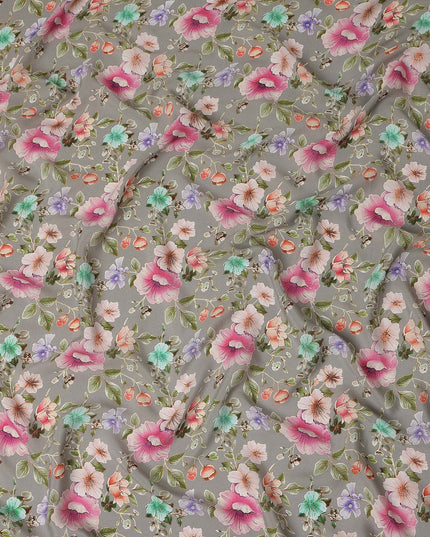 Grey Floral Printed Premium Pure Silk Crepe Fabric Pastel Blossom Garden Design Soft Lightweight Dress Material 110 Cms Width India-D27988 - Regal Fabrics