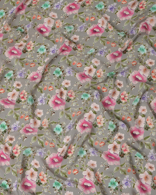 Grey Floral Printed Premium Pure Silk Crepe Fabric Pastel Blossom Garden Design Soft Lightweight Dress Material 110 Cms Width India-D27988