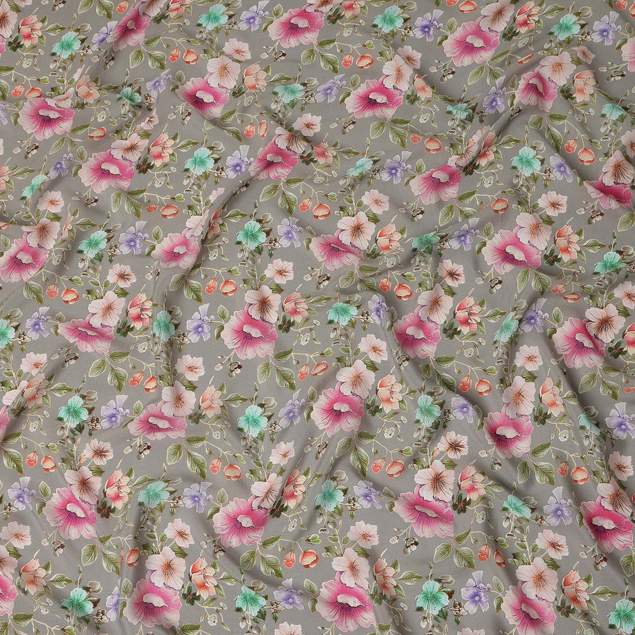 Grey Floral Printed Premium Pure Silk Crepe Fabric Pastel Blossom Garden Design Soft Lightweight Dress Material 110 Cms Width India-D27988 - Regal Fabrics
