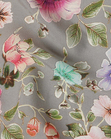 Grey Floral Printed Premium Pure Silk Crepe Fabric Pastel Blossom Garden Design Soft Lightweight Dress Material 110 Cms Width India-D27988 - Regal Fabrics