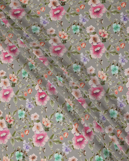 Grey Floral Printed Premium Pure Silk Crepe Fabric Pastel Blossom Garden Design Soft Lightweight Dress Material 110 Cms Width India-D27988 - Regal Fabrics