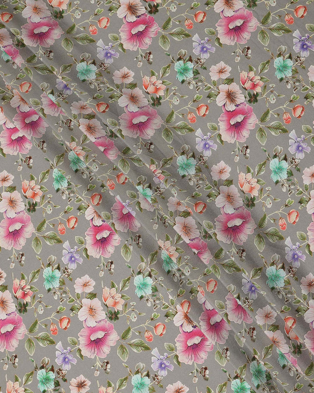 Grey Floral Printed Premium Pure Silk Crepe Fabric Pastel Blossom Garden Design Soft Lightweight Dress Material 110 Cms Width India-D27988
