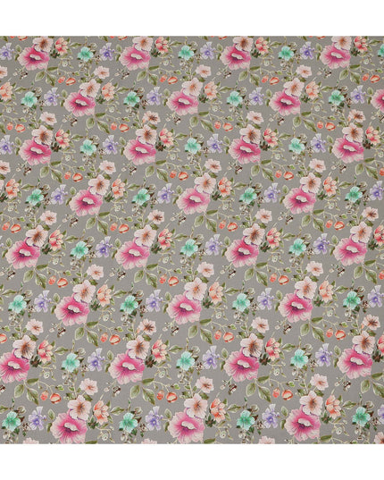 Grey Floral Printed Premium Pure Silk Crepe Fabric Pastel Blossom Garden Design Soft Lightweight Dress Material 110 Cms Width India-D27988 - Regal Fabrics
