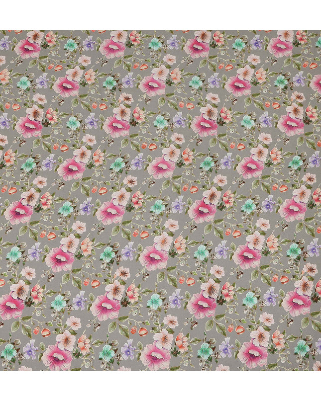 Grey Floral Printed Premium Pure Silk Crepe Fabric Pastel Blossom Garden Design Soft Lightweight Dress Material 110 Cms Width India-D27988