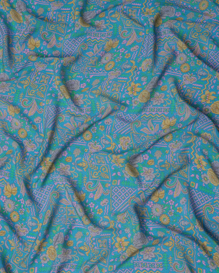 Turquoise Paisley Floral Printed Premium Pure Silk Crepe Fabric Ethnic Geometric Motif Design Soft Lightweight Dress Material 110 Cms Width India-D28012 - Regal Fabrics