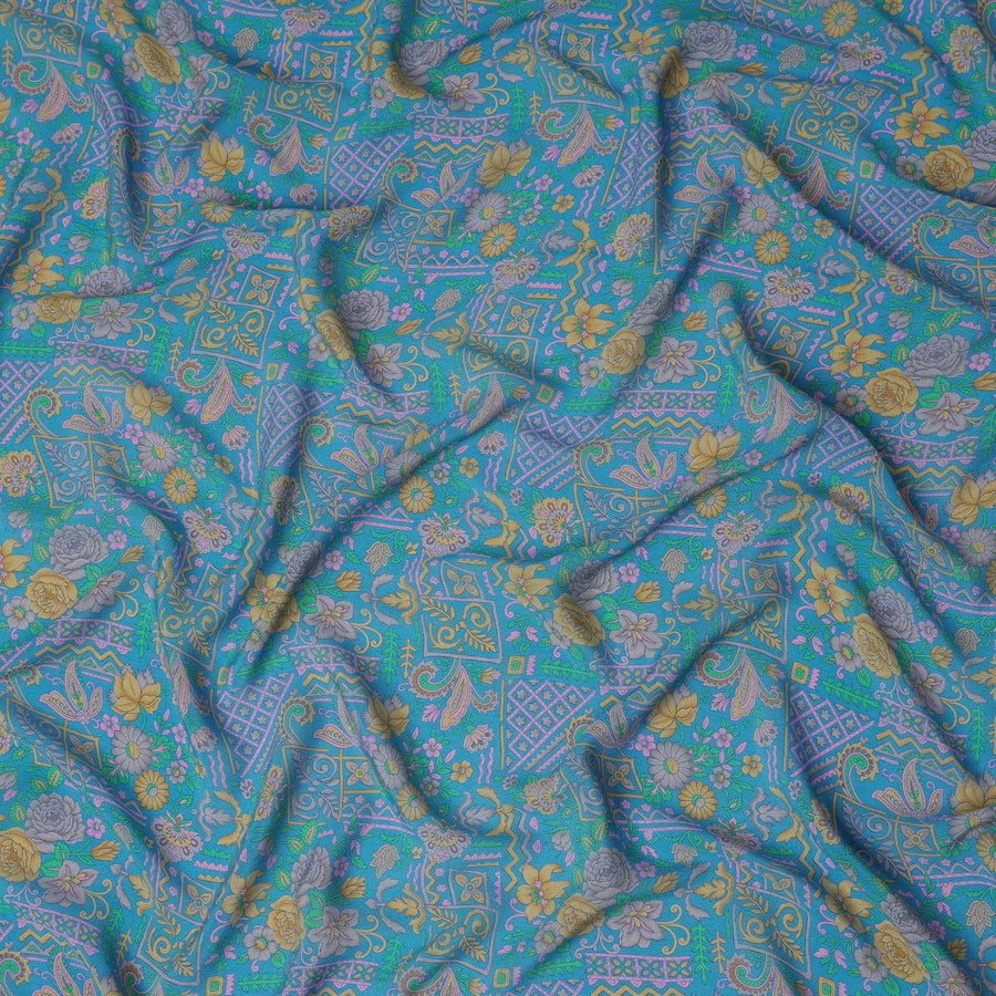 Turquoise Paisley Floral Printed Premium Pure Silk Crepe Fabric Ethnic Geometric Motif Design Soft Lightweight Dress Material 110 Cms Width India-D28012 - Regal Fabrics