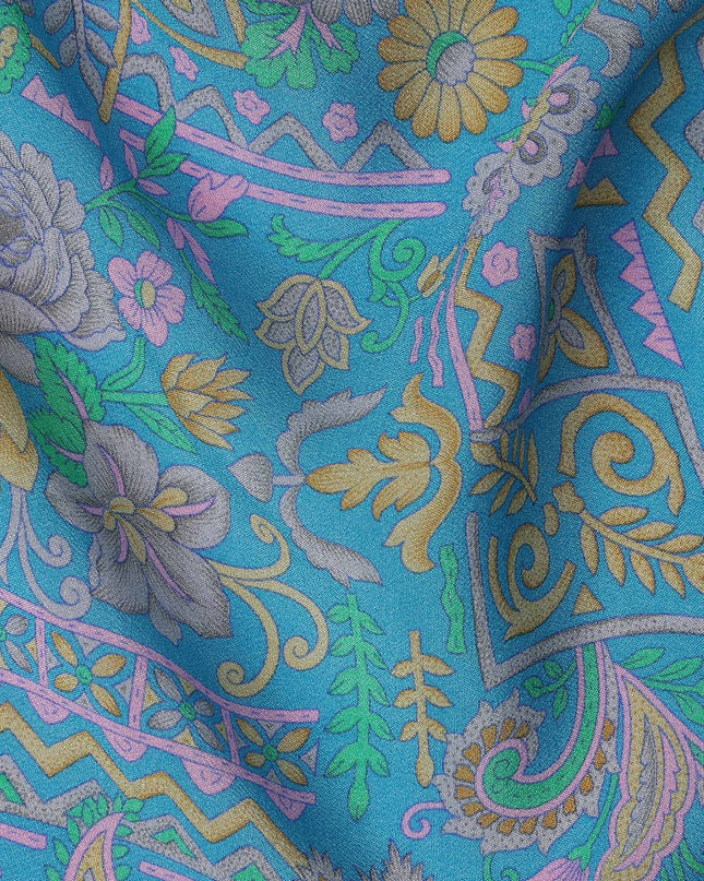 Turquoise Paisley Floral Printed Premium Pure Silk Crepe Fabric Ethnic Geometric Motif Design Soft Lightweight Dress Material 110 Cms Width India-D28012