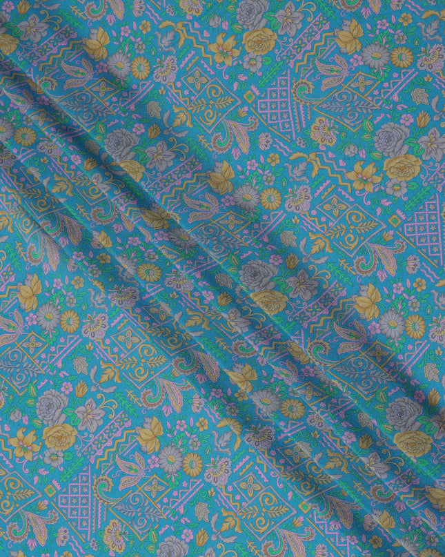 Turquoise Paisley Floral Printed Premium Pure Silk Crepe Fabric Ethnic Geometric Motif Design Soft Lightweight Dress Material 110 Cms Width India-D28012