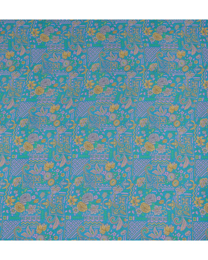 Turquoise Paisley Floral Printed Premium Pure Silk Crepe Fabric Ethnic Geometric Motif Design Soft Lightweight Dress Material 110 Cms Width India-D28012 - Regal Fabrics