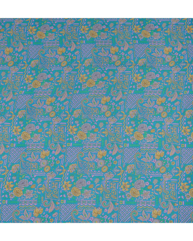 Turquoise Paisley Floral Printed Premium Pure Silk Crepe Fabric Ethnic Geometric Motif Design Soft Lightweight Dress Material 110 Cms Width India-D28012
