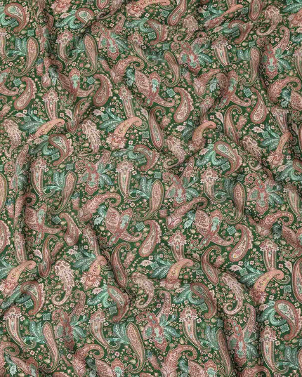 Green Paisley Printed Premium Pure Silk Crepe Fabric Vintage Floral Leaf Pattern Soft Lightweight Dress Material 110 Cms Width India-D27994