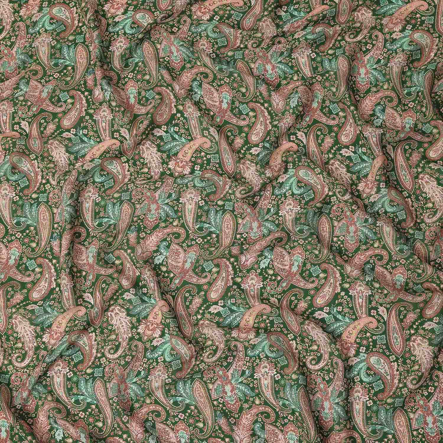 Green Paisley Printed Premium Pure Silk Crepe Fabric Vintage Floral Leaf Pattern Soft Lightweight Dress Material 110 Cms Width India-D27994