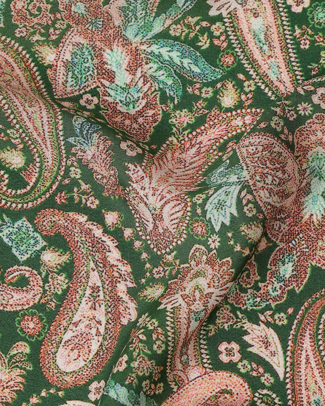 Green Paisley Printed Premium Pure Silk Crepe Fabric Vintage Floral Leaf Pattern Soft Lightweight Dress Material 110 Cms Width India-D27994