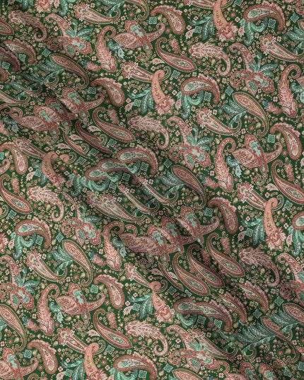 Green Paisley Printed Premium Pure Silk Crepe Fabric Vintage Floral Leaf Pattern Soft Lightweight Dress Material 110 Cms Width India-D27994