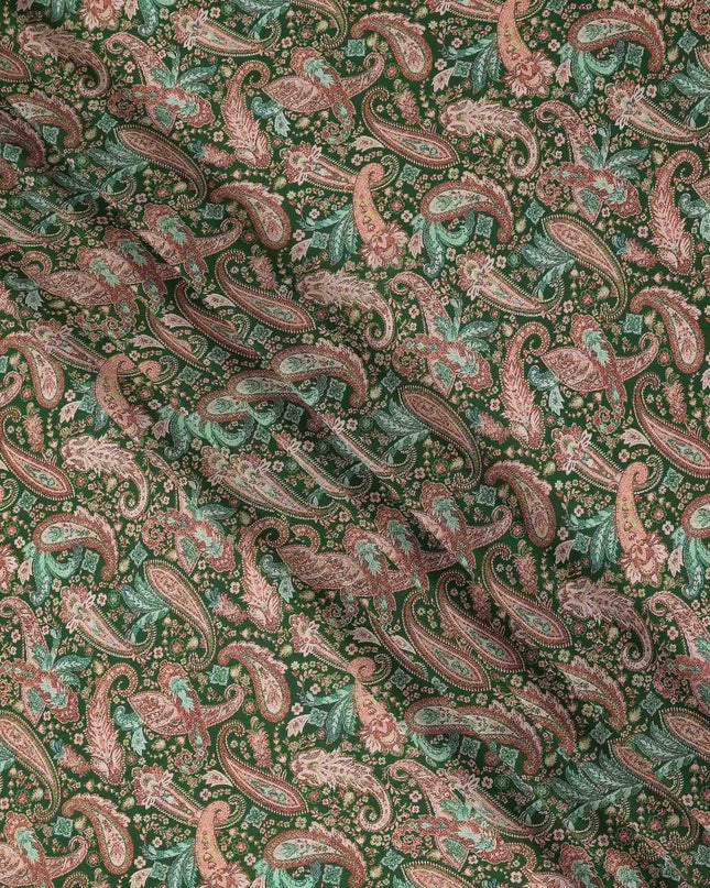 Green Paisley Printed Premium Pure Silk Crepe Fabric Vintage Floral Leaf Pattern Soft Lightweight Dress Material 110 Cms Width India-D27994
