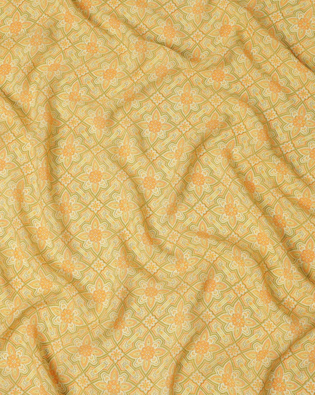Yellow Geometric Floral Printed Premium Pure Silk Crepe Fabric Vintage Tile Pattern Soft Lightweight Dress Material 110 Cms Width India-D27992