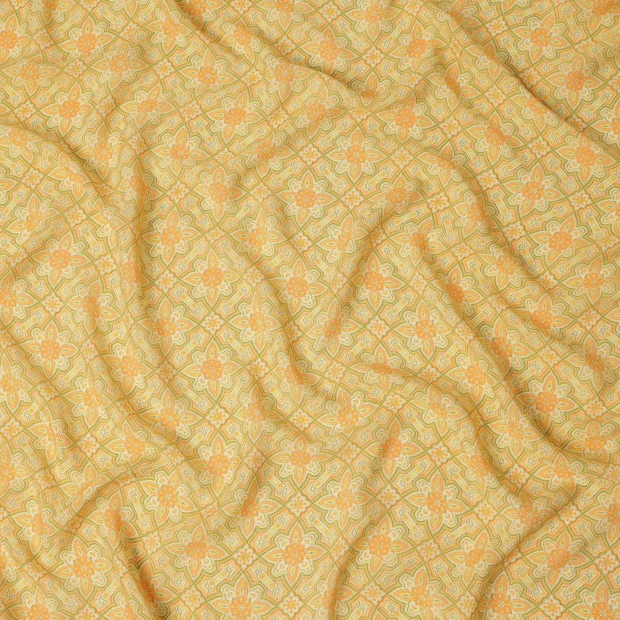 Yellow Geometric Floral Printed Premium Pure Silk Crepe Fabric Vintage Tile Pattern Soft Lightweight Dress Material 110 Cms Width India-D27992