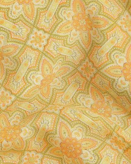 Yellow Geometric Floral Printed Premium Pure Silk Crepe Fabric Vintage Tile Pattern Soft Lightweight Dress Material 110 Cms Width India-D27992