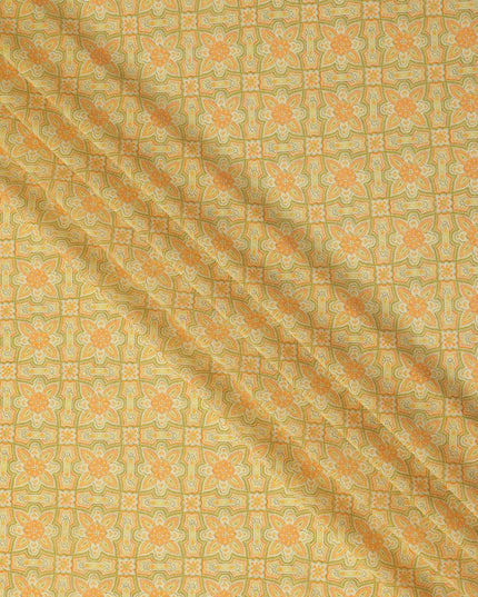 Yellow Geometric Floral Printed Premium Pure Silk Crepe Fabric Vintage Tile Pattern Soft Lightweight Dress Material 110 Cms Width India-D27992