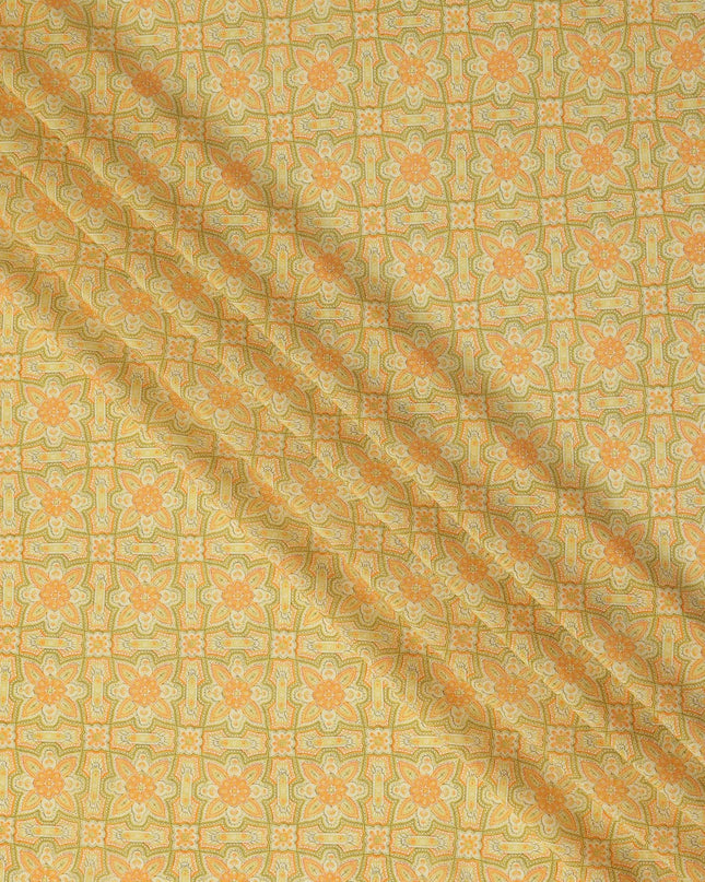 Yellow Geometric Floral Printed Premium Pure Silk Crepe Fabric Vintage Tile Pattern Soft Lightweight Dress Material 110 Cms Width India-D27992