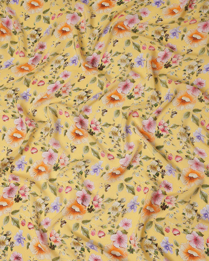 Yellow Floral Printed Premium Pure Silk Crepe Fabric Pastel Blossom Garden Design Soft Lightweight Dress Material 110 Cms Width India-D27990 - Regal Fabrics