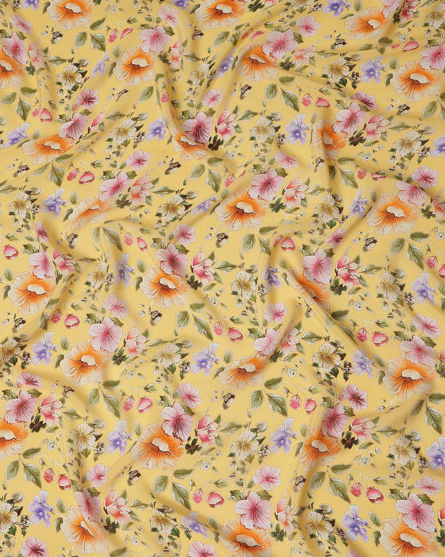 Yellow Floral Printed Premium Pure Silk Crepe Fabric Pastel Blossom Garden Design Soft Lightweight Dress Material 110 Cms Width India-D27990
