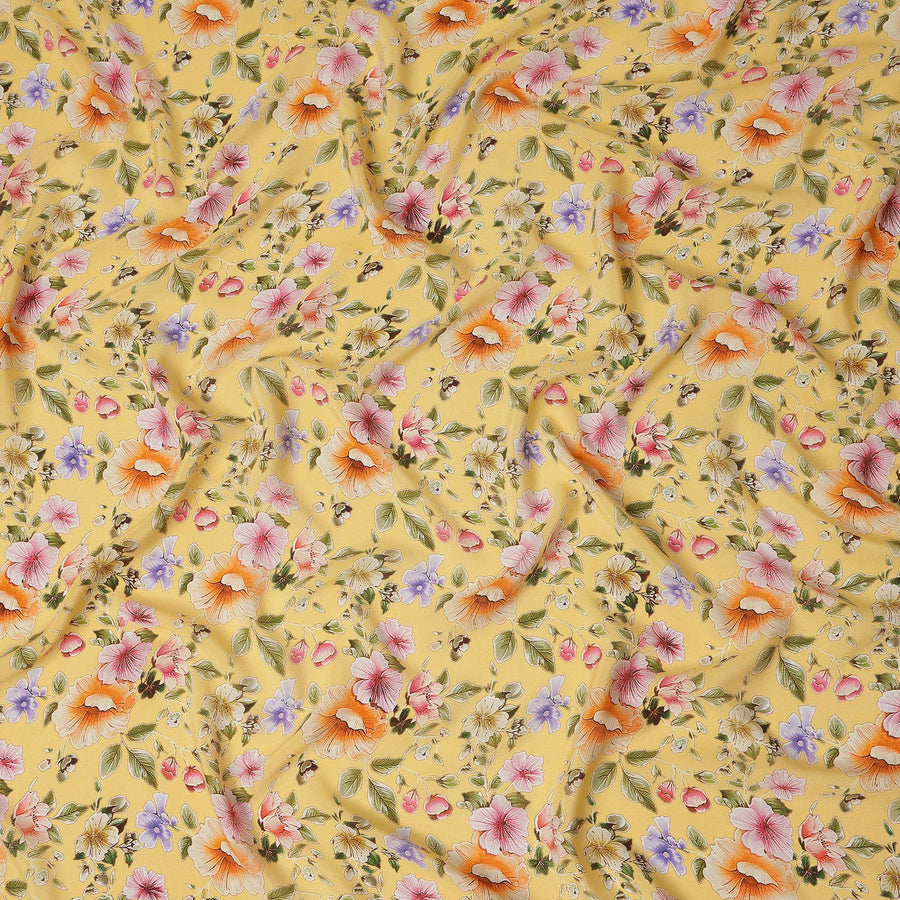 Yellow Floral Printed Premium Pure Silk Crepe Fabric Pastel Blossom Garden Design Soft Lightweight Dress Material 110 Cms Width India-D27990 - Regal Fabrics