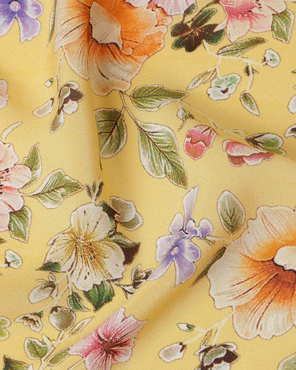 Yellow Floral Printed Premium Pure Silk Crepe Fabric Pastel Blossom Garden Design Soft Lightweight Dress Material 110 Cms Width India-D27990 - Regal Fabrics