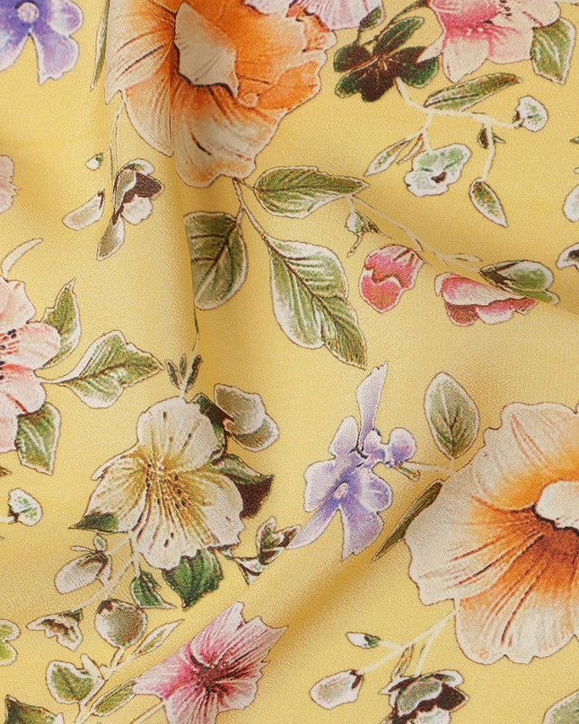 Yellow Floral Printed Premium Pure Silk Crepe Fabric Pastel Blossom Garden Design Soft Lightweight Dress Material 110 Cms Width India-D27990