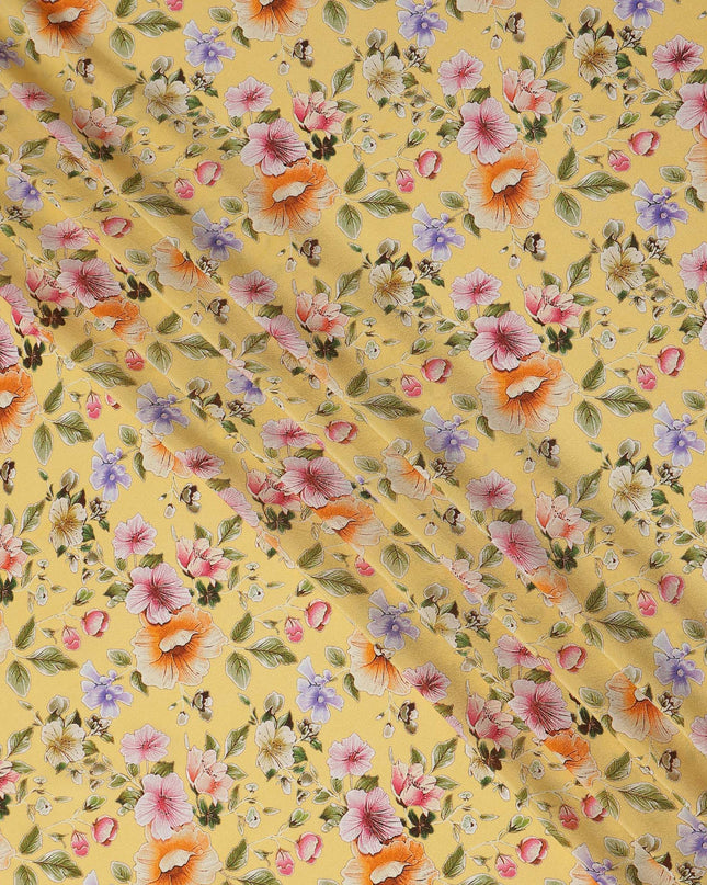 Yellow Floral Printed Premium Pure Silk Crepe Fabric Pastel Blossom Garden Design Soft Lightweight Dress Material 110 Cms Width India-D27990