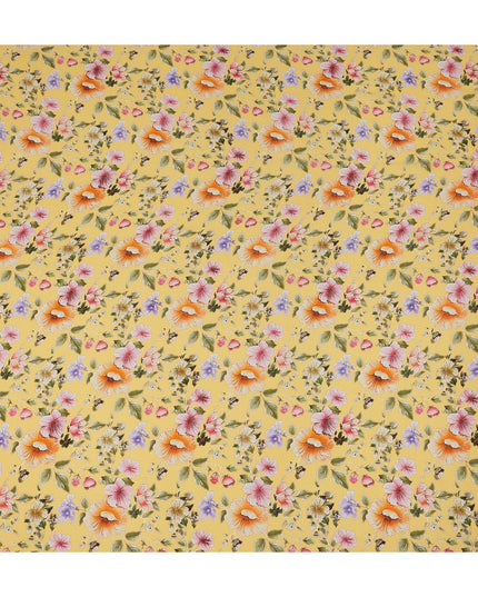 Yellow Floral Printed Premium Pure Silk Crepe Fabric Pastel Blossom Garden Design Soft Lightweight Dress Material 110 Cms Width India-D27990 - Regal Fabrics