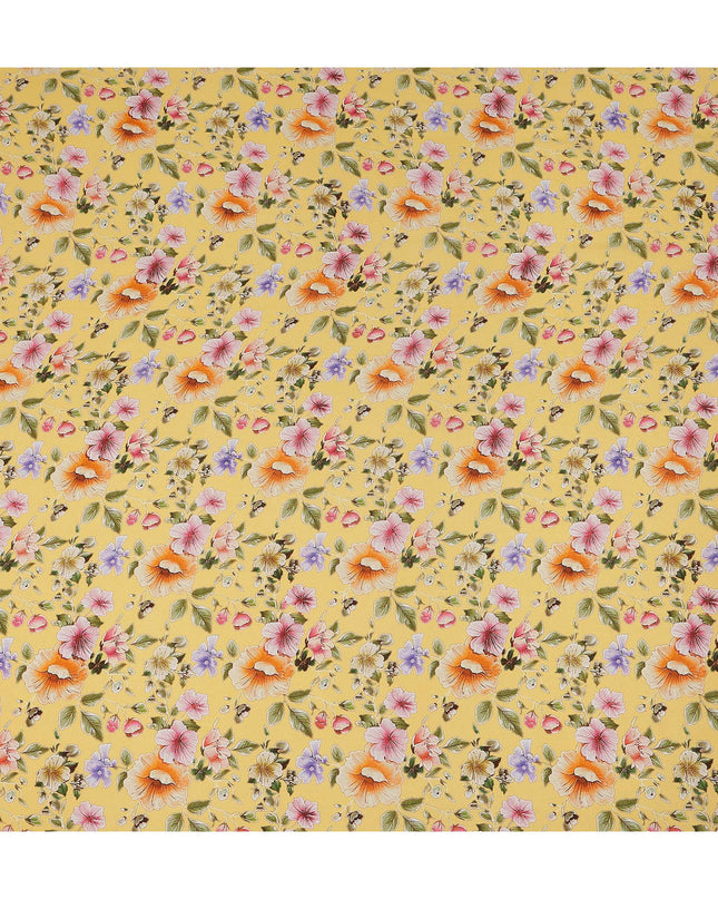 Yellow Floral Printed Premium Pure Silk Crepe Fabric Pastel Blossom Garden Design Soft Lightweight Dress Material 110 Cms Width India-D27990