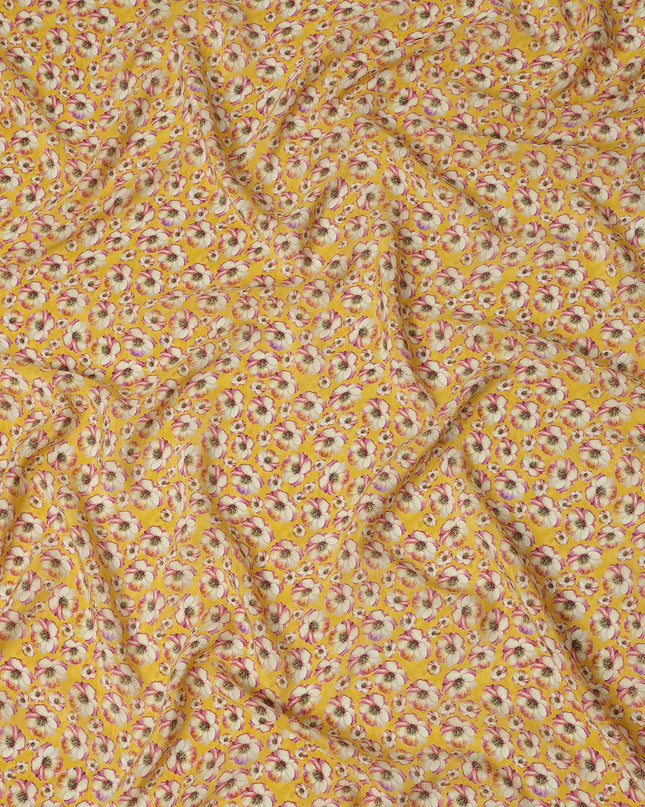 Yellow Small Floral Printed Premium Pure Silk Crepe Fabric Delicate Blossom Design Soft Lightweight Dress Material 110 Cms Width India-D28004