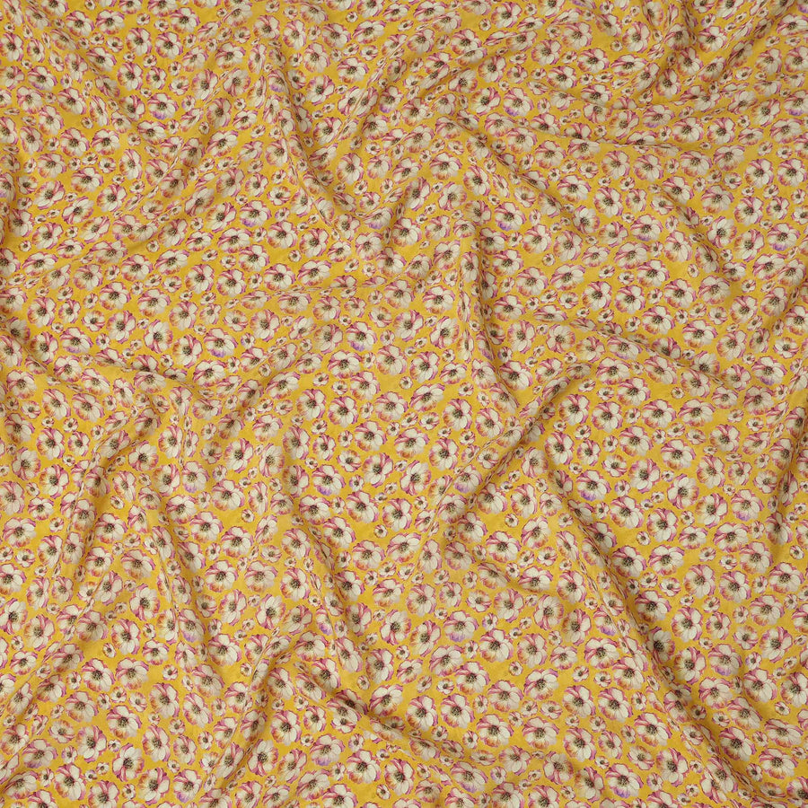 Yellow Small Floral Printed Premium Pure Silk Crepe Fabric Delicate Blossom Design Soft Lightweight Dress Material 110 Cms Width India-D28004