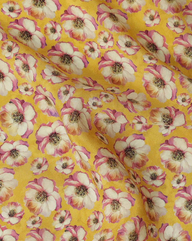 Yellow Small Floral Printed Premium Pure Silk Crepe Fabric Delicate Blossom Design Soft Lightweight Dress Material 110 Cms Width India-D28004
