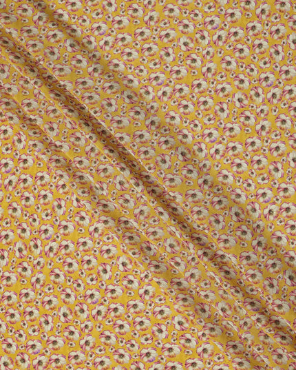 Yellow Small Floral Printed Premium Pure Silk Crepe Fabric Delicate Blossom Design Soft Lightweight Dress Material 110 Cms Width India-D28004