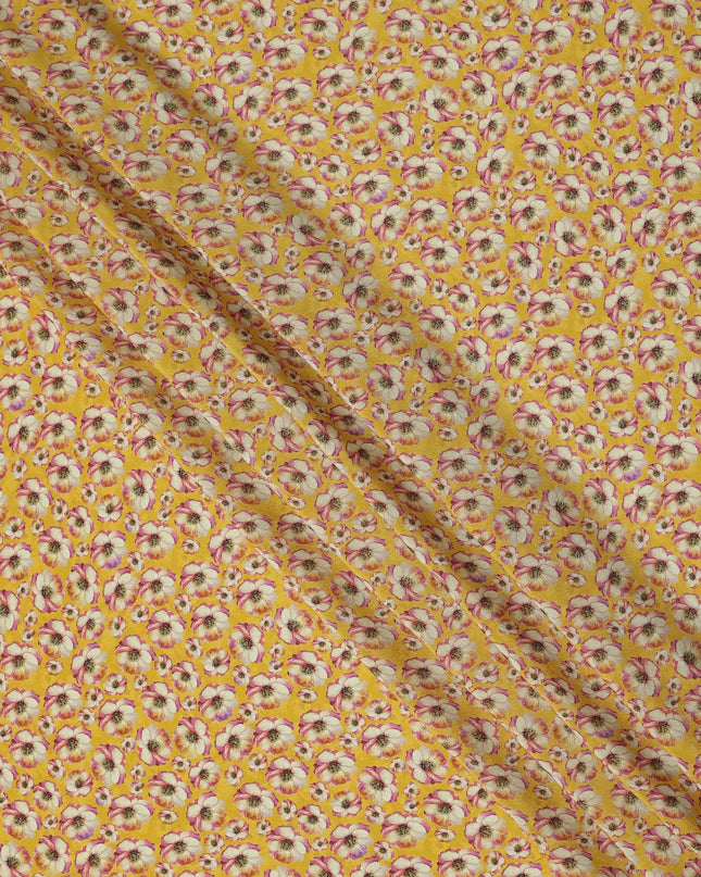 Yellow Small Floral Printed Premium Pure Silk Crepe Fabric Delicate Blossom Design Soft Lightweight Dress Material 110 Cms Width India-D28004
