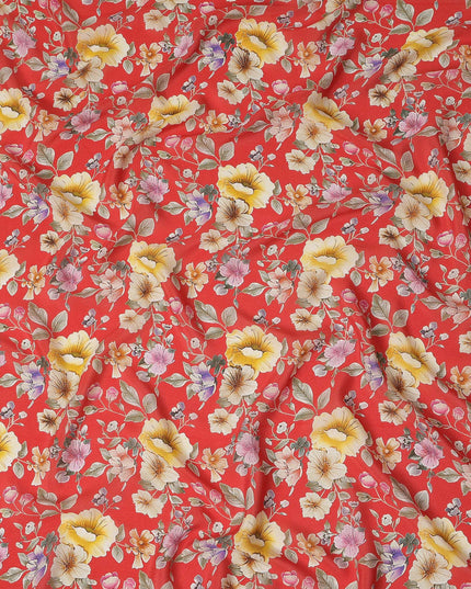 Red Floral Printed Premium Pure Silk Crepe Fabric Yellow Blossom Garden Design Soft Lightweight Dress Material 110 Cms Width India-D27989 - Regal Fabrics