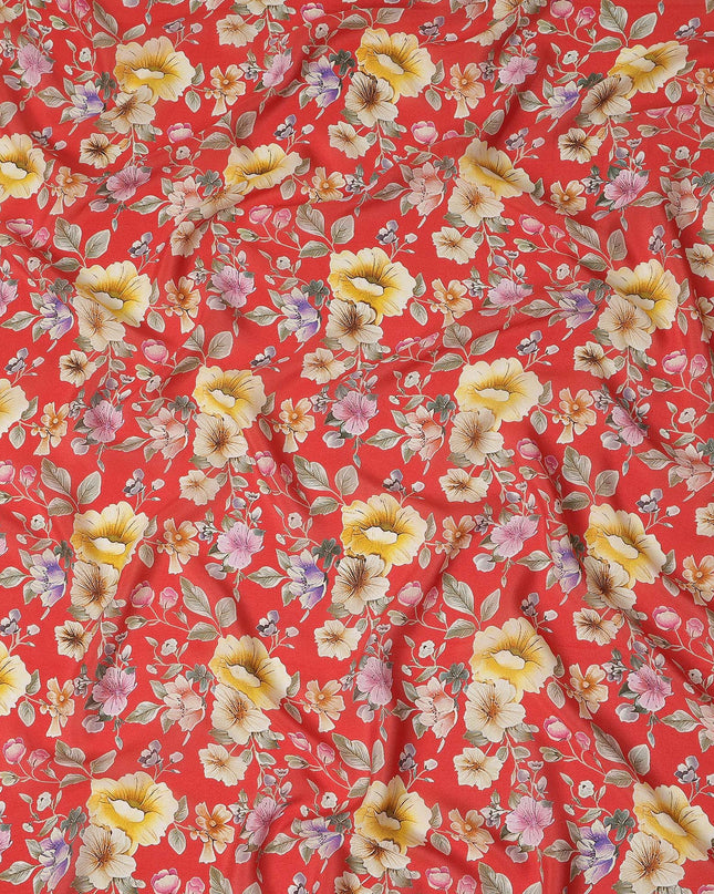Red Floral Printed Premium Pure Silk Crepe Fabric Yellow Blossom Garden Design Soft Lightweight Dress Material 110 Cms Width India-D27989